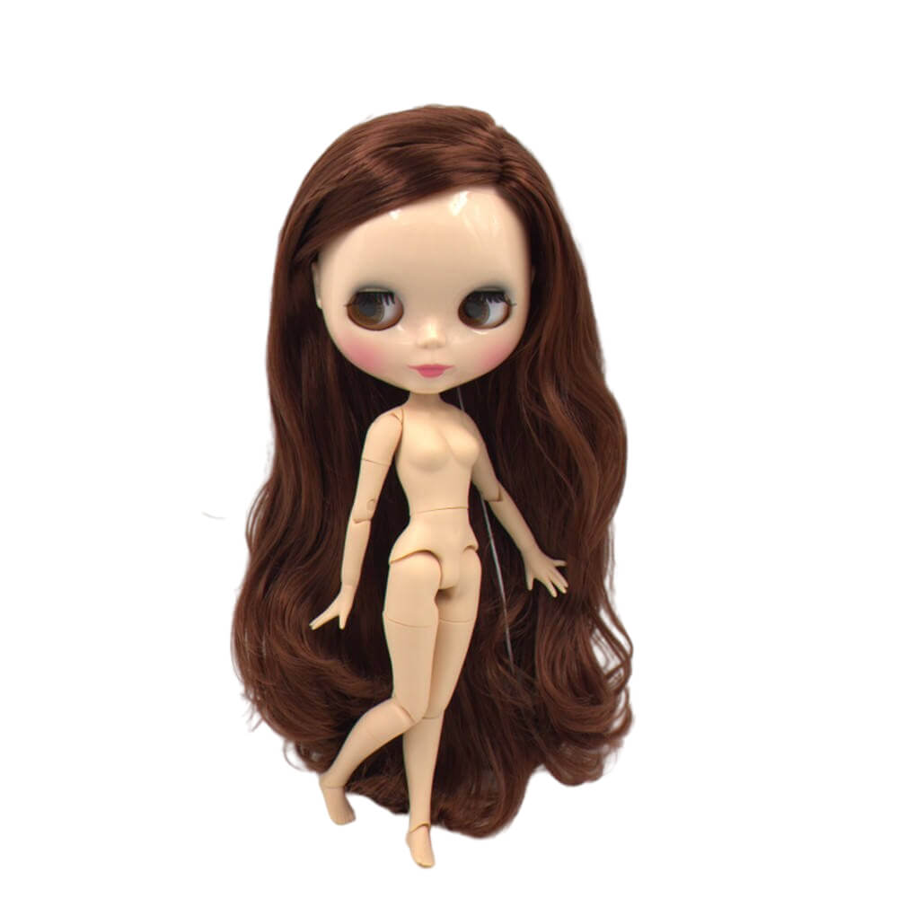 Neo Blythe Doll med brunt hår, naturlig hud, skinnende ansikt og leddkropp Brunt hår Factory Blythe Doll Natural Skin Factory Blythe Doll Shiny Face Factory Blythe Doll