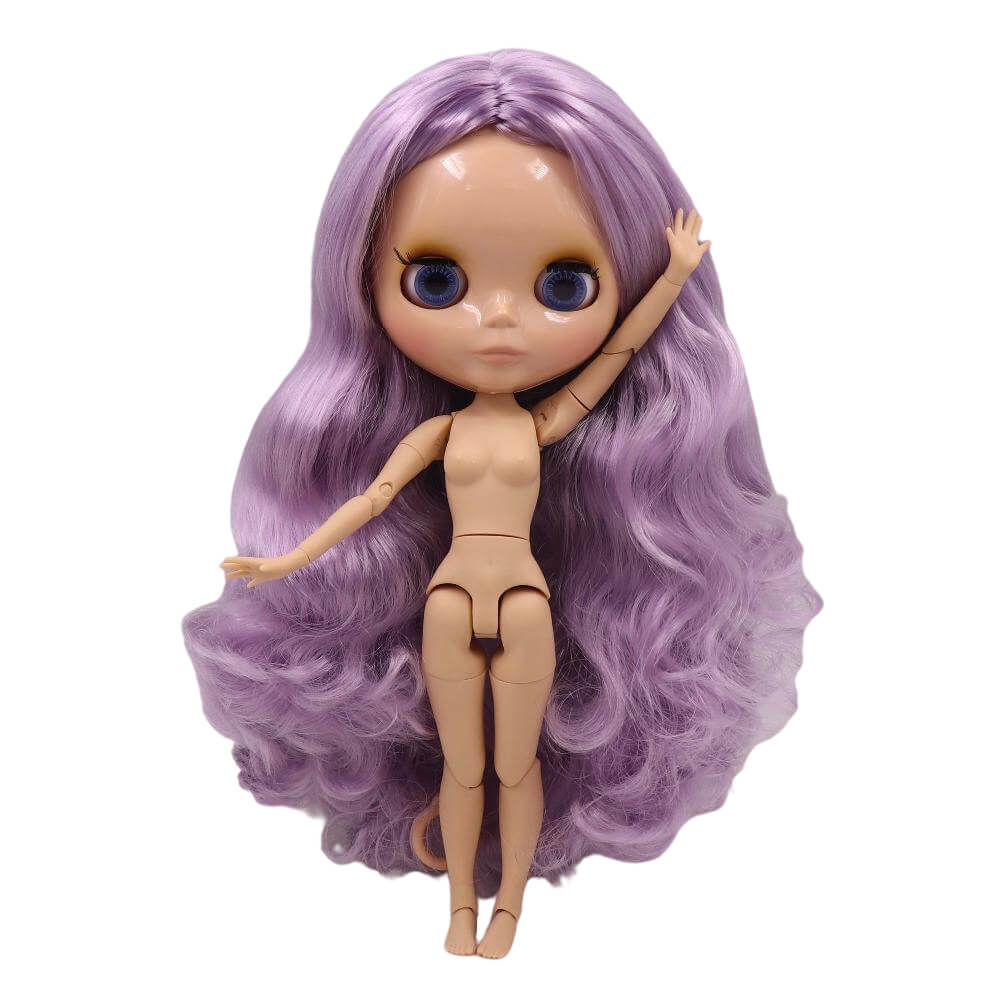 Neo Blythe Doll with Purple Hair, Tan Skin, Shiny Face & Jointed Body Purple Hair Factory Blythe Doll Shiny Face Factory Blythe Doll Tan Skin Factory Blythe Doll