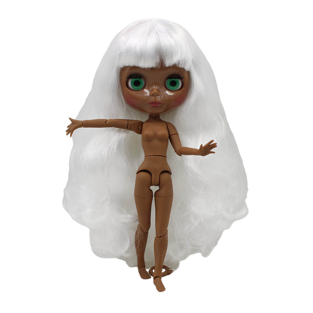 Neo Blythe Doll with White Hair, Black skin, Shiny Face & Jointed Body Black Skin Factory Blythe Doll Shiny Face Factory Blythe Doll White Hair Factory Blythe Doll