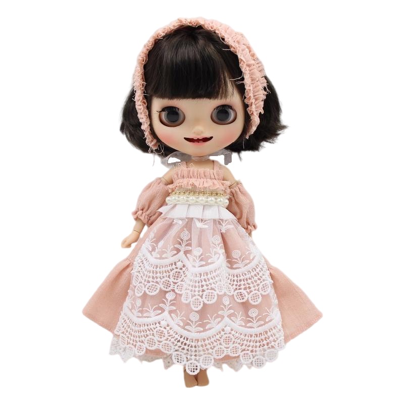 Neo Blythe Doll Pink White Embroidery Pearls Dress with Hairband Blythe doll clothes