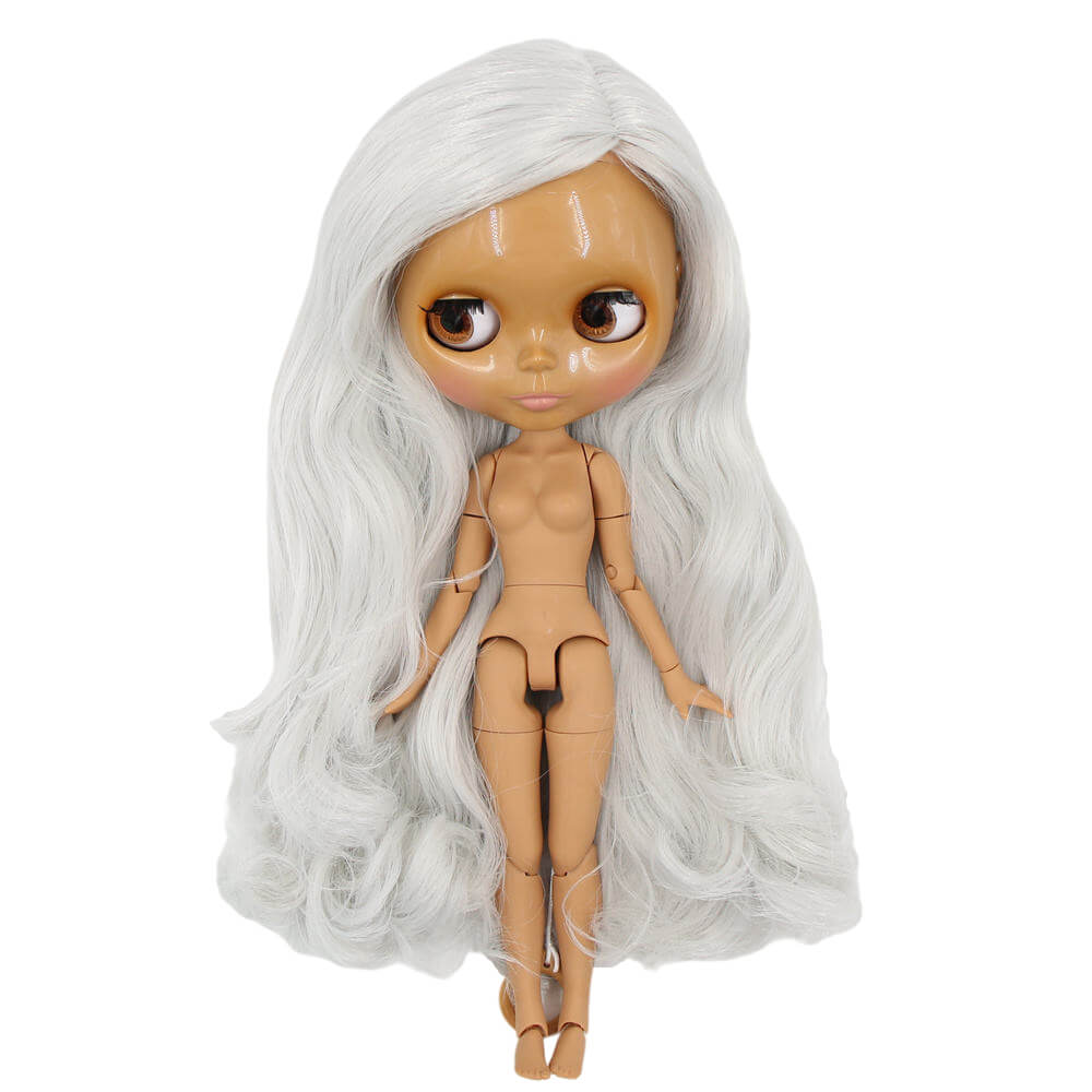Neo Blythe Doll with Grey Hair, Dark Skin, Shiny Face & Jointed Body Dark Skin Nude Blythe Doll Grey Hair Nude Blythe Doll Shiny Face Nude Blythe Doll