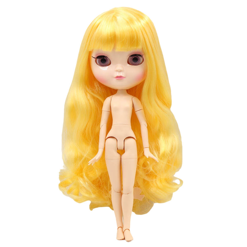 Neo Blythe Doll with Yellow Hair, White Skin, Shiny Face & Jointed Azone Body Shiny Face Factory Blythe Doll White Skin Factory Blythe Doll Yellow Hair Factory Blythe Doll