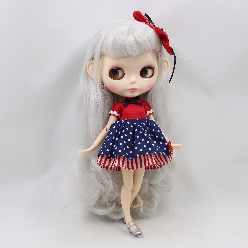 Bernie – Premium Custom Blythe Doll with Full Outfit Glossy Cute Face Grey Hair Blythe