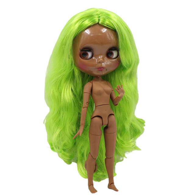 Neo Blythe Doll with Green Hair, Black skin, Shiny Face & Jointed Body Black Skin Factory Blythe Doll Green Hair Factory Blythe Doll Shiny Face Factory Blythe Doll