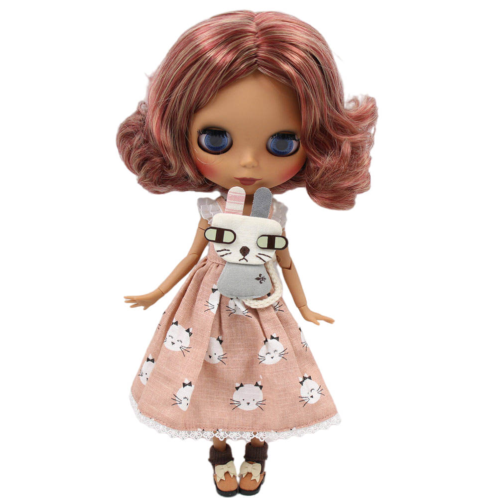 Lylah – Premium Custom Blythe Doll with Cute Face Dark Skin Custom Blythe Doll Matte Face Custom Blythe Doll Multi-Color Hair Custom Blythe Doll