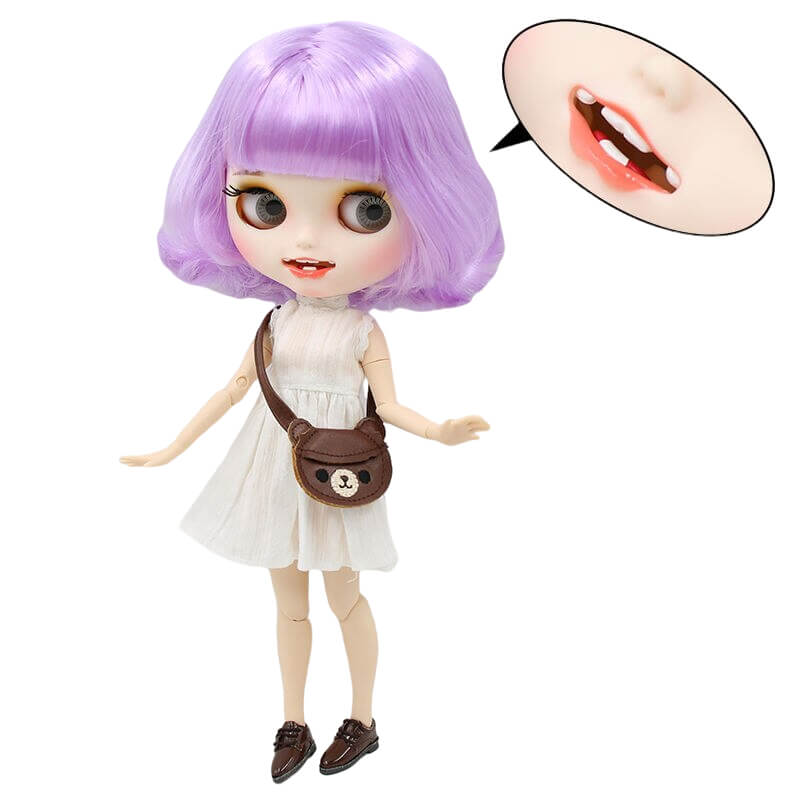 Alivia – Premium Custom Blythe Doll with Smiling Face Matte Face Custom Blythe Doll Purple Hair Custom Blythe Doll White Skin Custom Blythe Doll