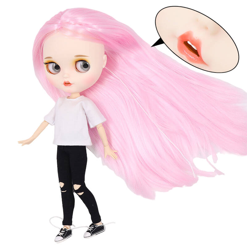 Catherine – Premium Custom Blythe Doll with Smiley Face Matte Face Custom Blythe Doll Pink Hair Custom Blythe Doll White Skin Custom Blythe Doll