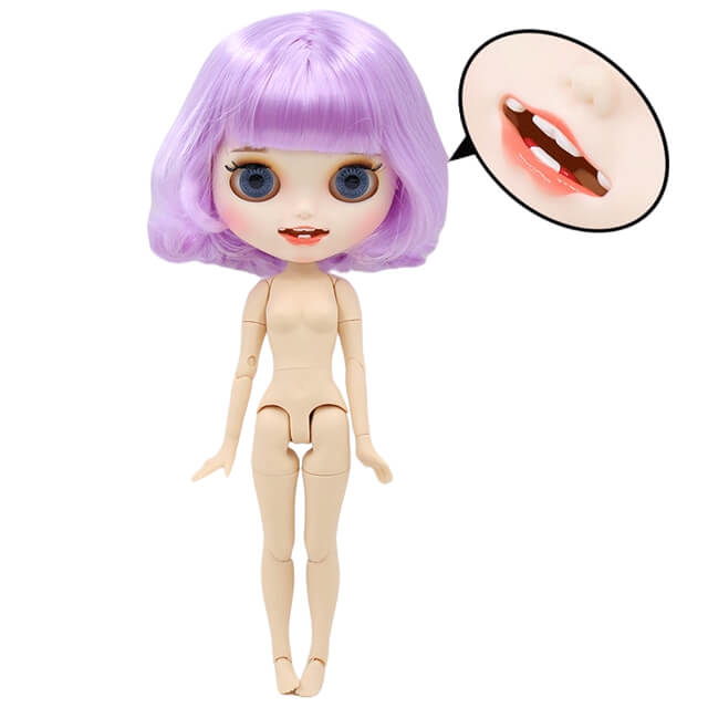 Neo Blythe Doll with Purple Hair, White Skin, Matte Face & Jointed Body Purple Hair Factory Blythe Doll Matte Face Factory Blythe Doll White Skin Factory Blythe Doll