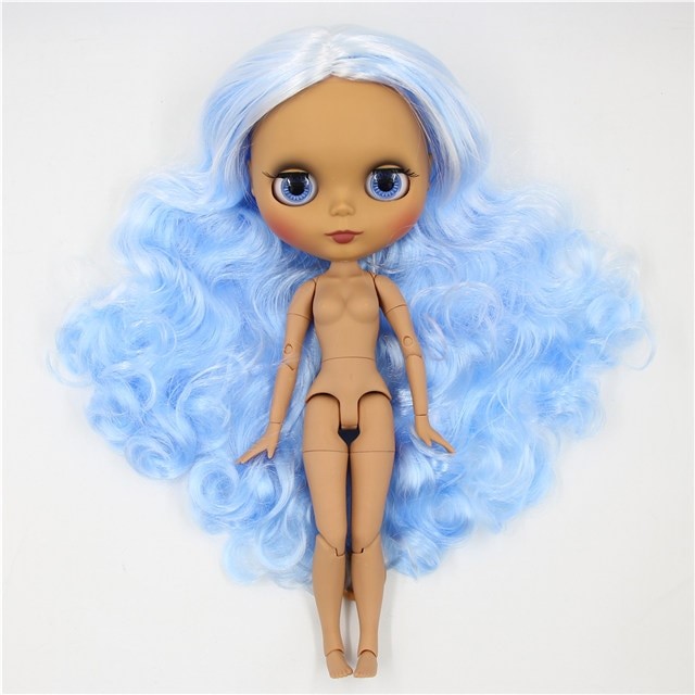 Neo Panenka Blythe s modrými vlasy, tmavou pletí, matným obličejem a spojenými modrými vlasy Factory Blythe Doll Dark Skin Factory Blythe Doll Matte Face Factory Blythe Doll