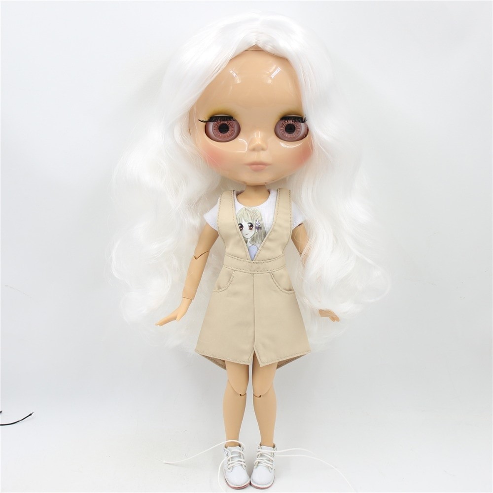 Neo Blythe Doll with White Hair, Tan Skin, Shiny Face & Jointed Body White Hair Factory Blythe Doll Shiny Face Factory Blythe Doll Tan Skin Factory Blythe Doll