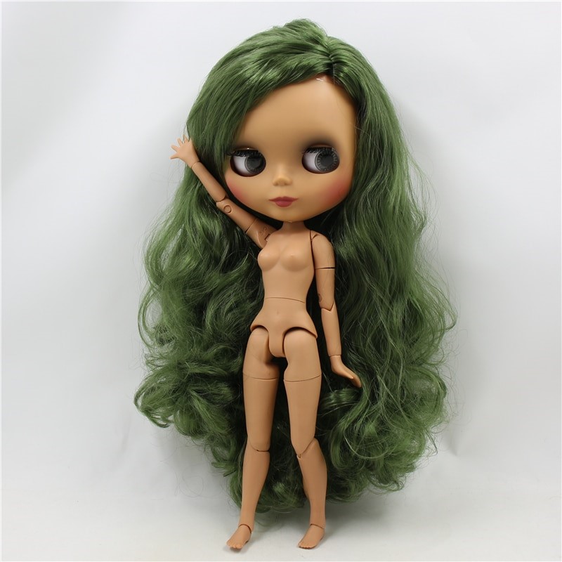 Neo Blythe Doll with Green Hair, Dark Skin, Matte Face & Jointed Body Green Hair Nude Blythe Doll Dark Skin Nude Blythe Doll Matte Face Nude Blythe Doll