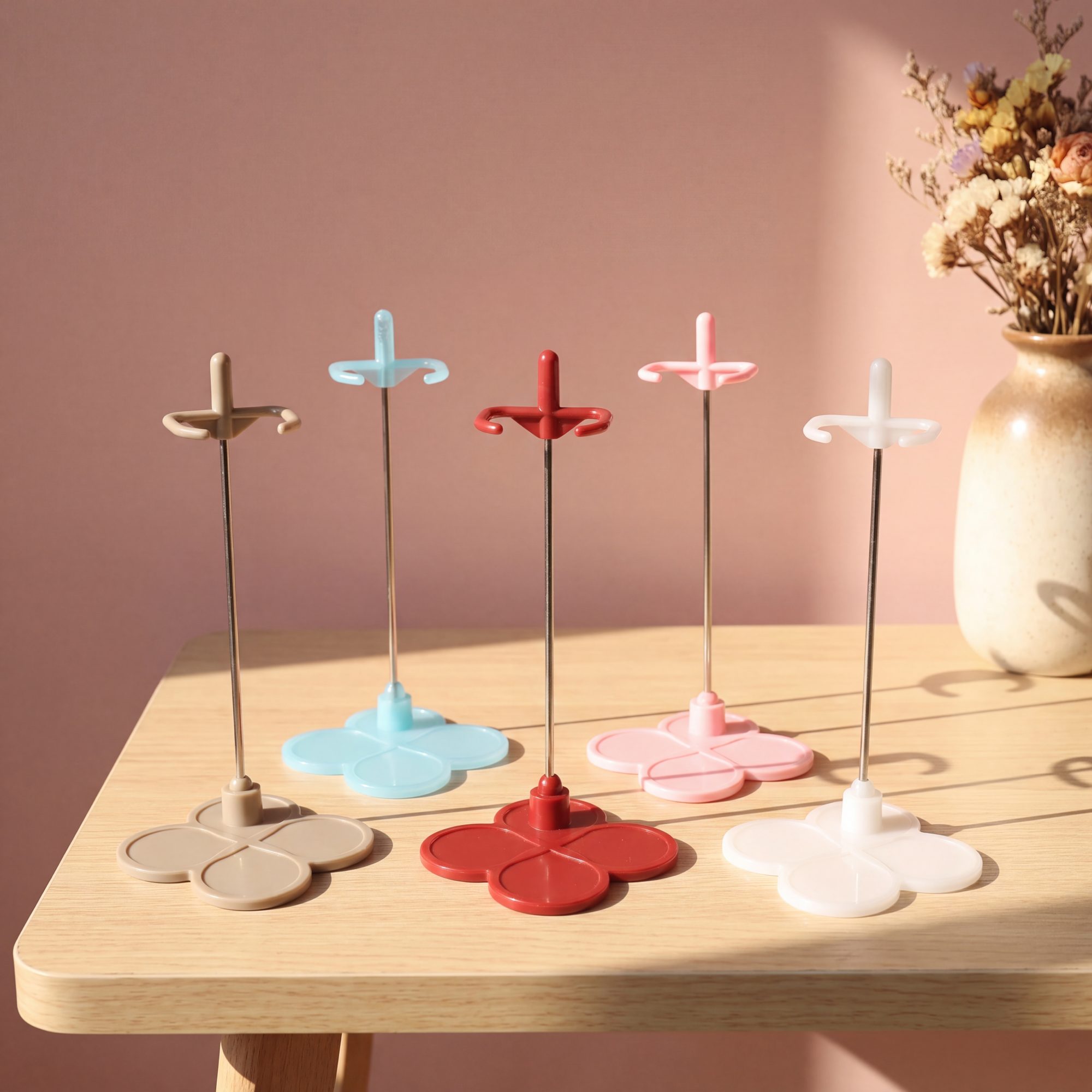 Five Blythe dolls posing hands-free on colorful This Is Blythe doll stands