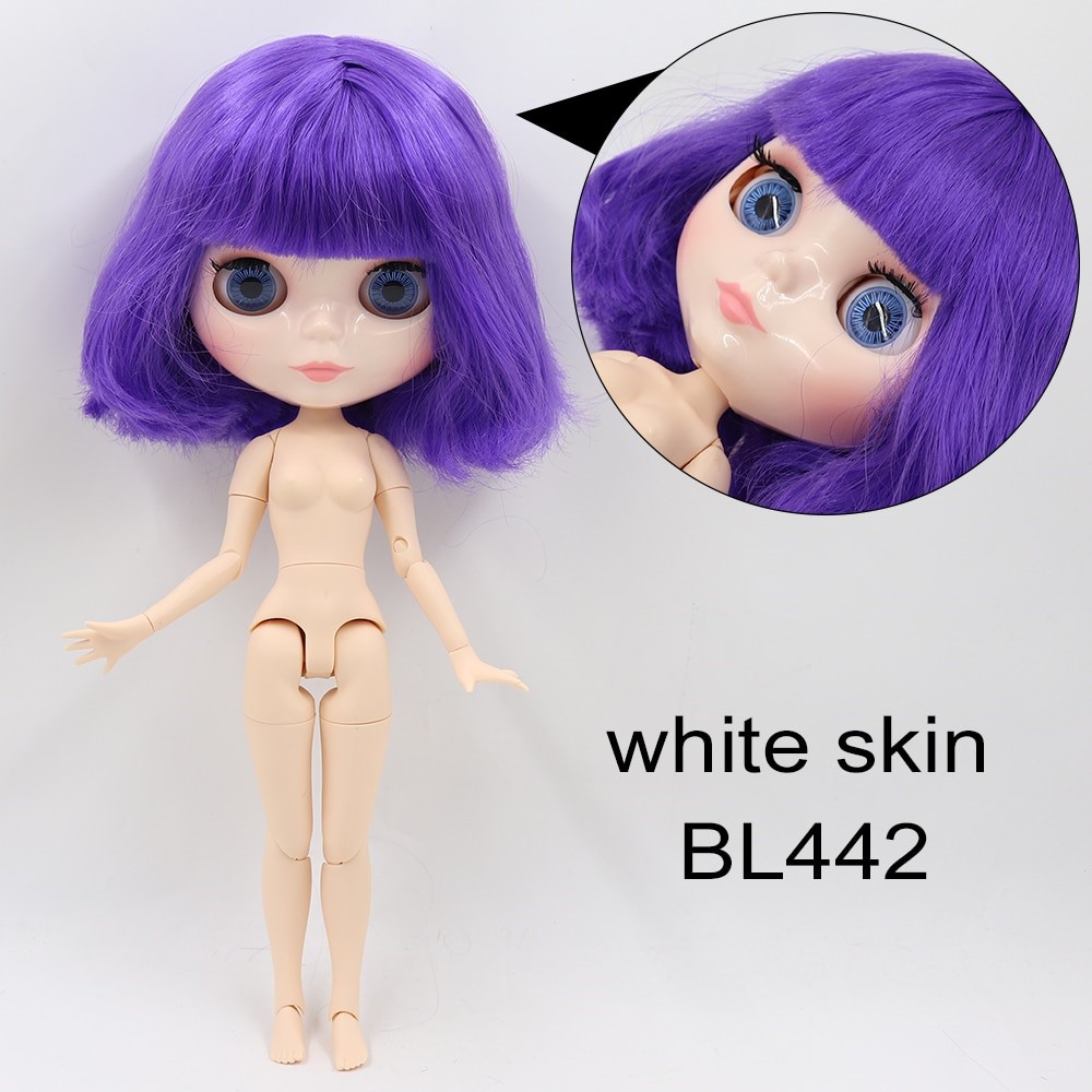 Neo Blythe Doll with Purple Hair, White Skin, Shiny Face & Jointed Body Purple Hair Factory Blythe Doll Shiny Face Factory Blythe Doll White Skin Factory Blythe Doll