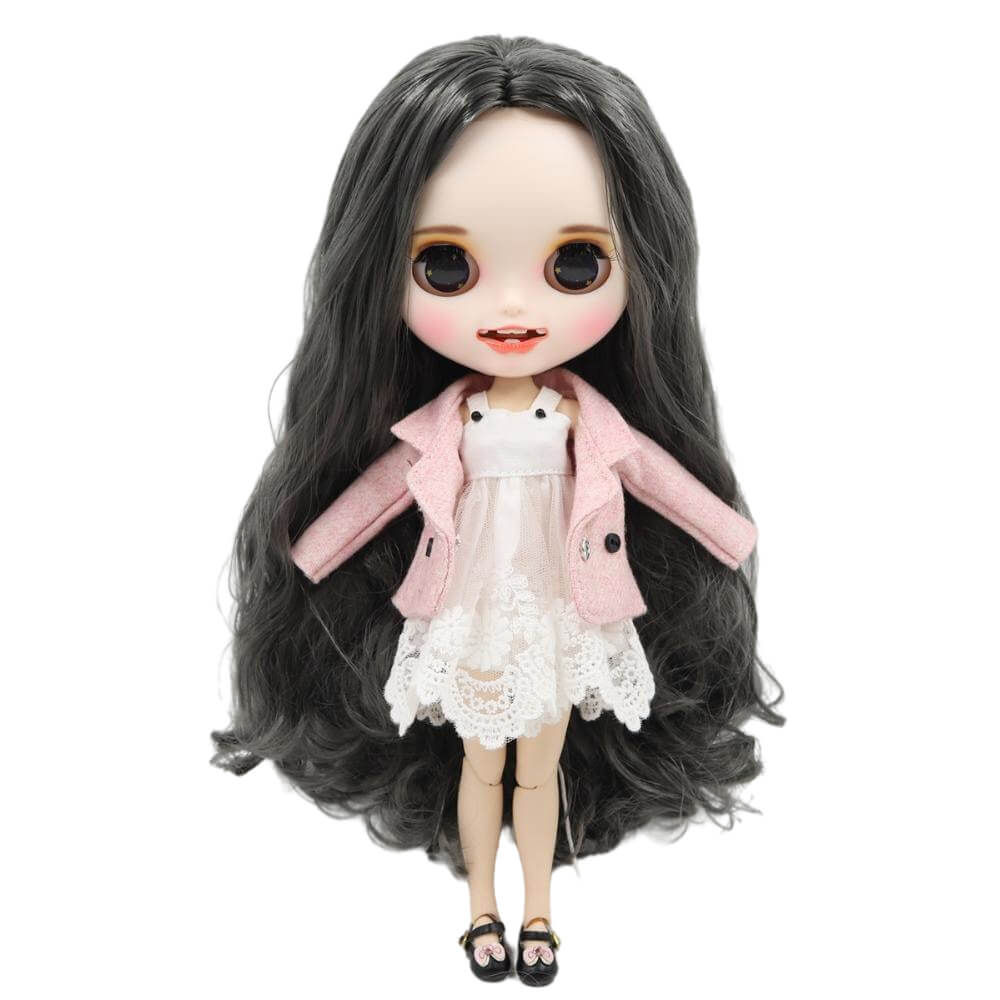 Anastasia – Premium Custom Blythe Doll with Smiling Face Black Hair Custom Blythe Doll Matte Face Custom Blythe Doll White Skin Custom Blythe Doll