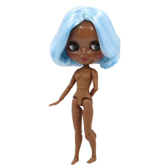Neo Blythe Doll with Blue Hair, Black skin, Shiny Face & Jointed Body Black Skin Factory Blythe Doll Blue Hair Factory Blythe Doll Shiny Face Factory Blythe Doll