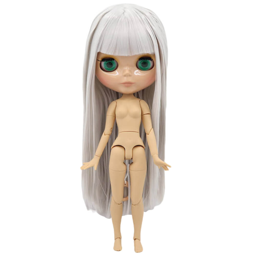 Neo Blythe Doll with Grey Hair, Tan Skin, Shiny Face & Jointed Body Grey Hair Factory Blythe Doll Shiny Face Factory Blythe Doll Tan Skin Factory Blythe Doll
