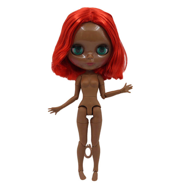 Neo Blythe Doll with Red Hair, Black skin, Shiny Face & Jointed Body Red Hair Factory Blythe Doll Shiny Face Factory Blythe Doll Tan Skin Factory Blythe Doll