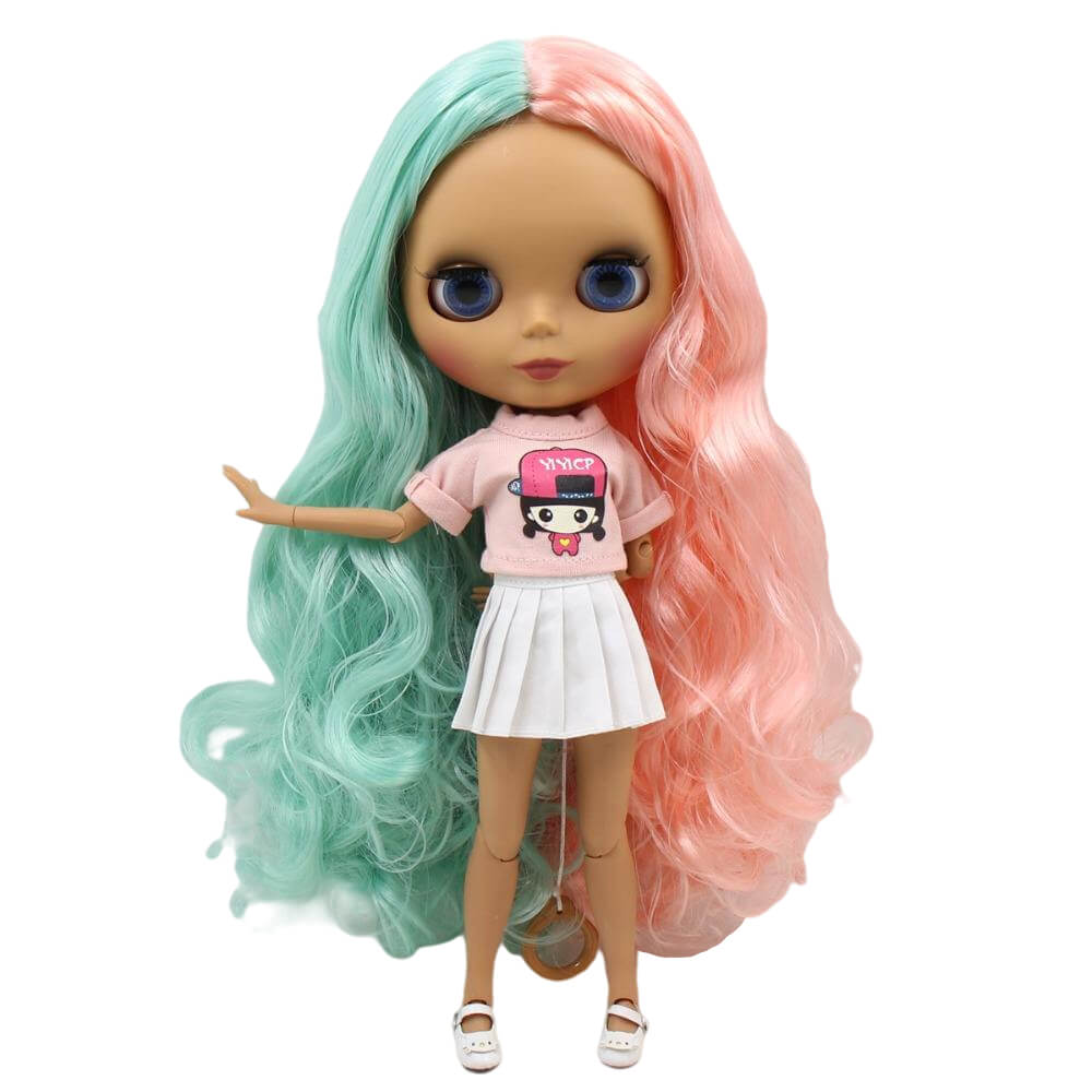 Una – Premium Custom Blythe Doll with Cute Face Dark Skin Custom Blythe Doll Matte Face Custom Blythe Doll Multi-Color Hair Custom Blythe Doll