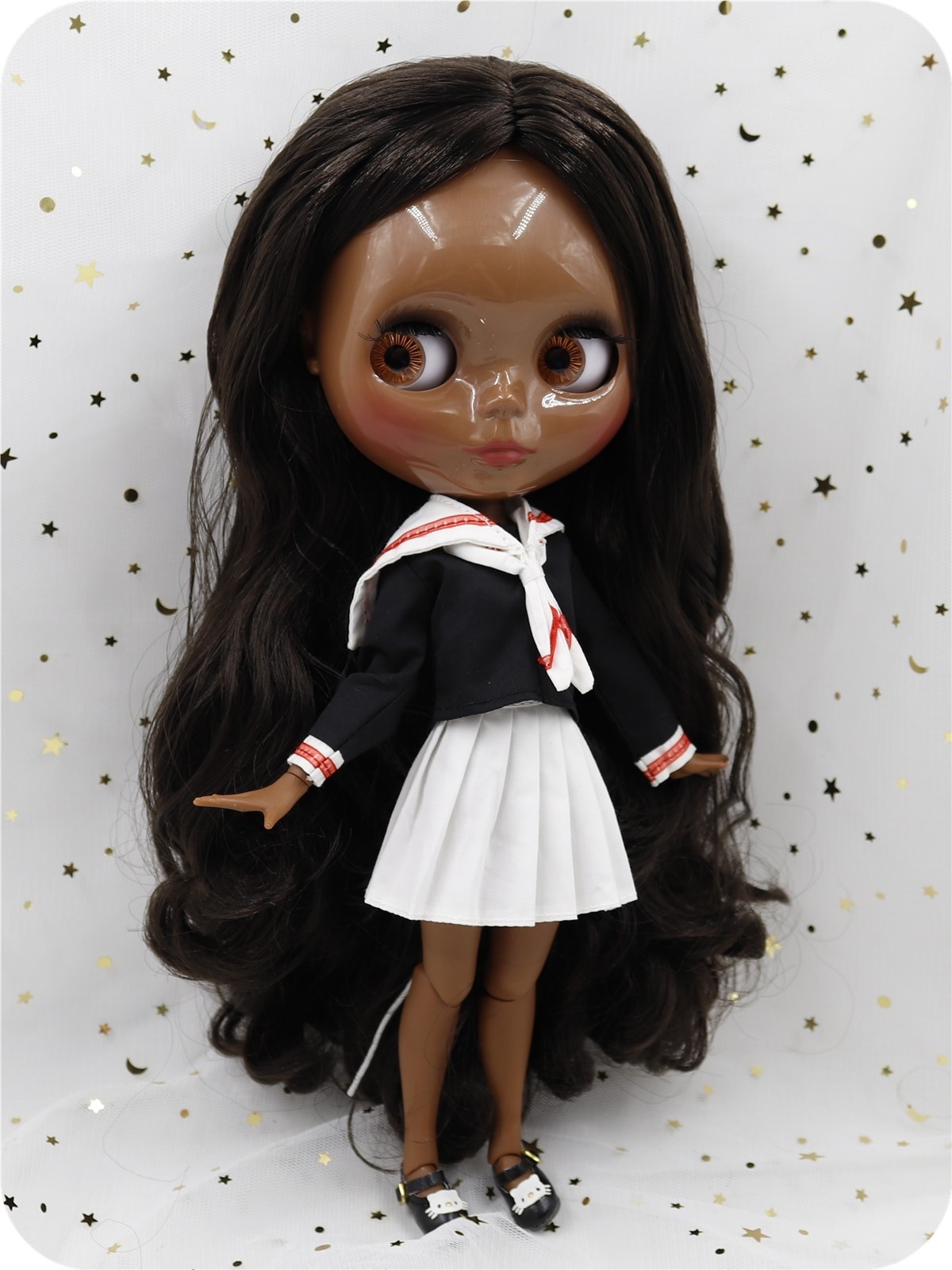 Candy – Premium Custom Blythe Doll with Cute Face Black Skin Custom Blythe Doll Brown Hair Custom Blythe Doll Shiny Face Custom Blythe Doll