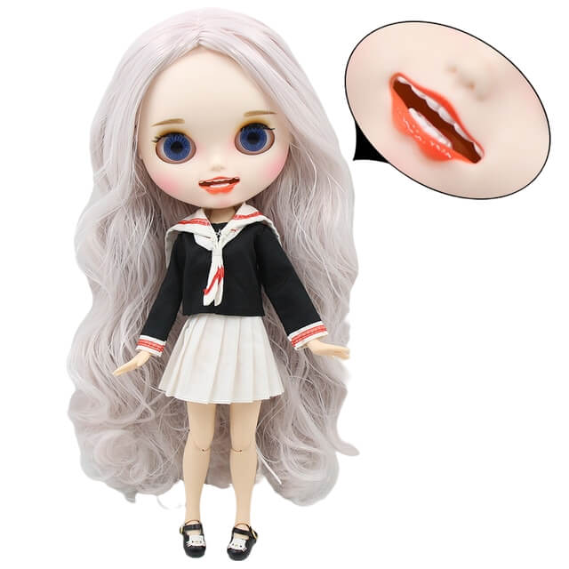 Aria – Premium Custom Blythe Doll with Smiling Face Grey Hair Custom Blythe Doll Matte Face Custom Blythe Doll White Skin Custom Blythe Doll