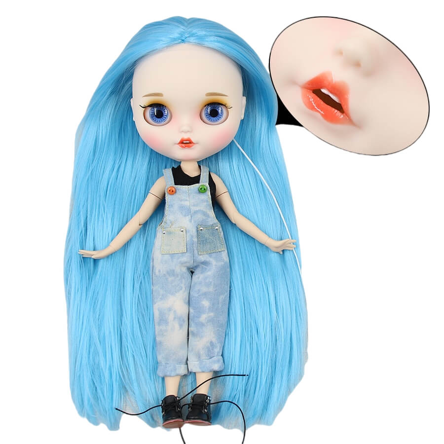 Gemma – Premium Custom Blythe Doll with Smiley Face Blue Hair Custom Blythe Doll Matte Face Custom Blythe Doll White Skin Custom Blythe Doll