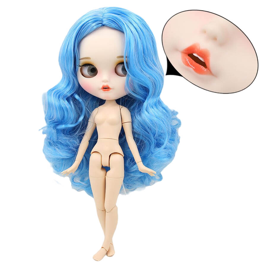 Neo Blythe Doll with Blue Hair, White Skin, Matte Face & Jointed Body Blue Hair Factory Blythe Doll Matte Face Factory Blythe Doll White Skin Factory Blythe Doll