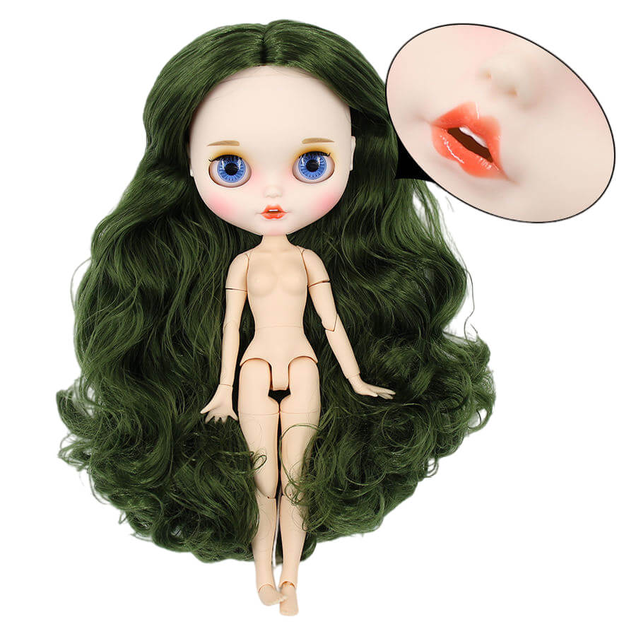 Neo Blythe Doll with Green Hair, White Skin, Matte Face & Jointed Body Green Hair Factory Blythe Doll Matte Face Factory Blythe Doll White Skin Factory Blythe Doll