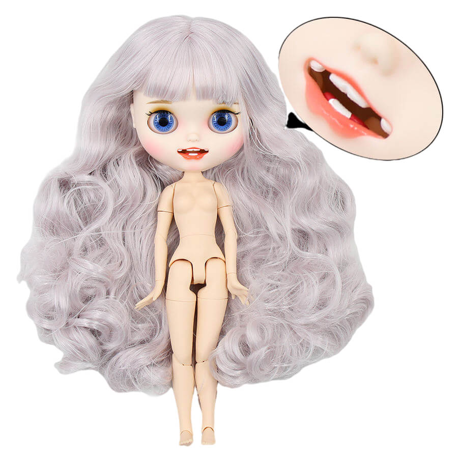 Neo Blythe Doll with Grey Hair, White Skin, Matte Face & Jointed Body Grey Hair Factory Blythe Doll Matte Face Factory Blythe Doll White Skin Factory Blythe Doll