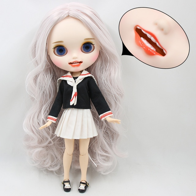 Aria – Premium Custom Blythe Doll with Smiling Face Grey Hair Custom Blythe Doll Matte Face Custom Blythe Doll White Skin Custom Blythe Doll