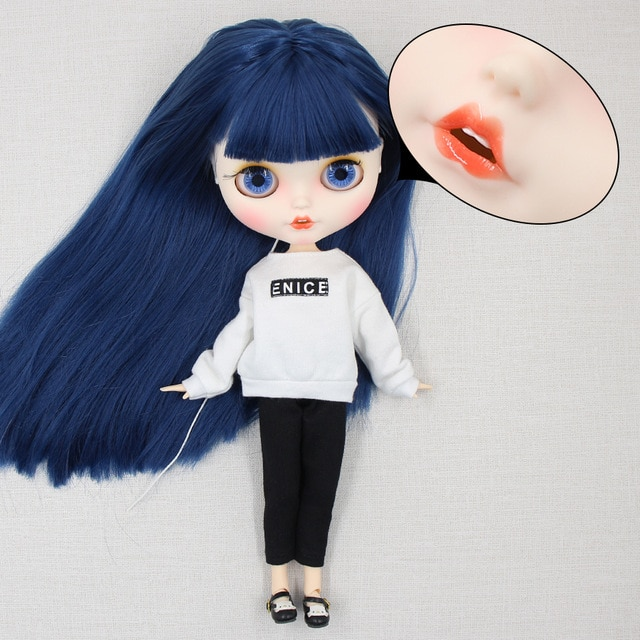 Grace – Premium Custom Blythe Doll with Smiley Face Blue Hair Custom Blythe Doll Matte Face Custom Blythe Doll White Skin Custom Blythe Doll