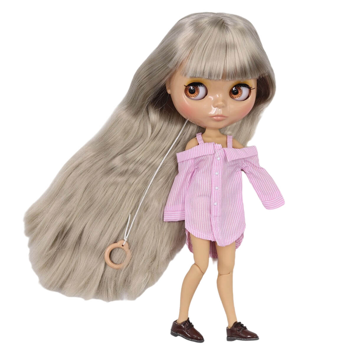 Chana – Premium Custom Blythe Doll with Calm Face Grey Hair Custom Blythe Doll Shiny Face Custom Blythe Doll Tan Skin Custom Blythe Doll
