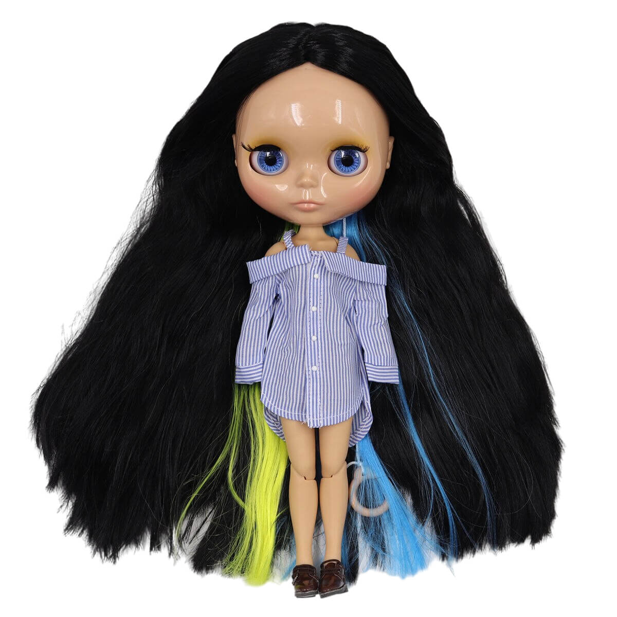Emmalynn – Premium Custom Blythe Doll with Calm Face Multi-Color Hair Custom Blythe Doll Shiny Face Custom Blythe Doll Tan Skin Custom Blythe Doll