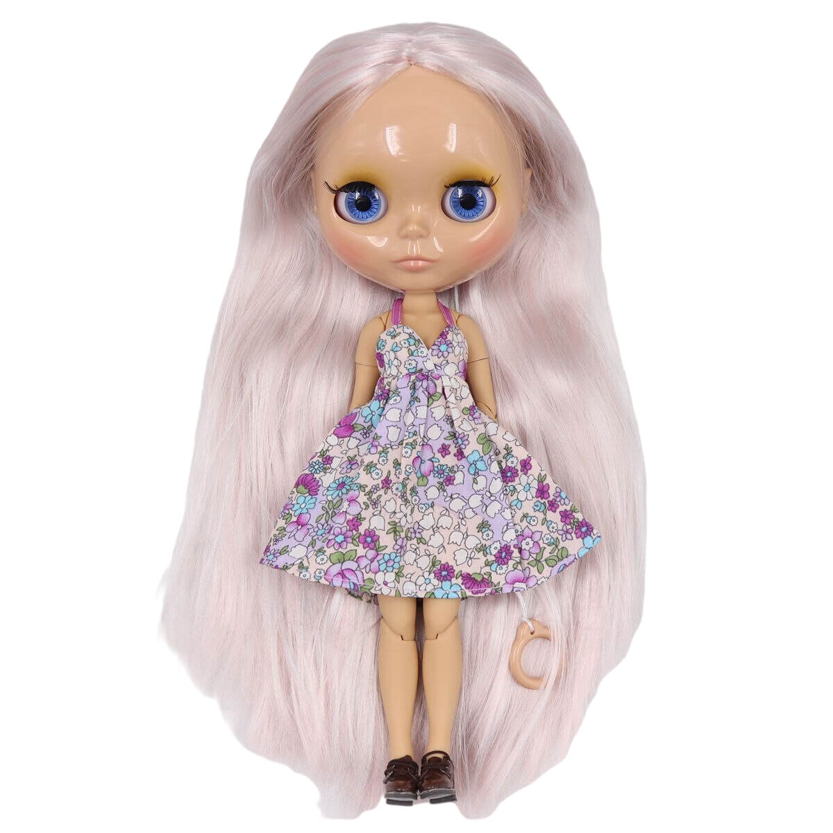 Josie – Premium Custom Blythe Doll with Calm Face Purple Hair Custom Blythe Doll Shiny Face Custom Blythe Doll Tan Skin Custom Blythe Doll