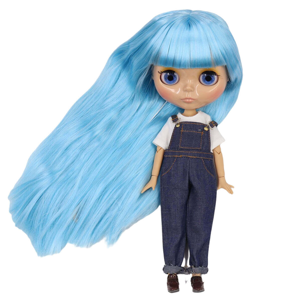 Morgan – Premium Custom Blythe Doll with Calm Face Blue Hair Custom Blythe Doll Shiny Face Custom Blythe Doll Tan Skin Custom Blythe Doll