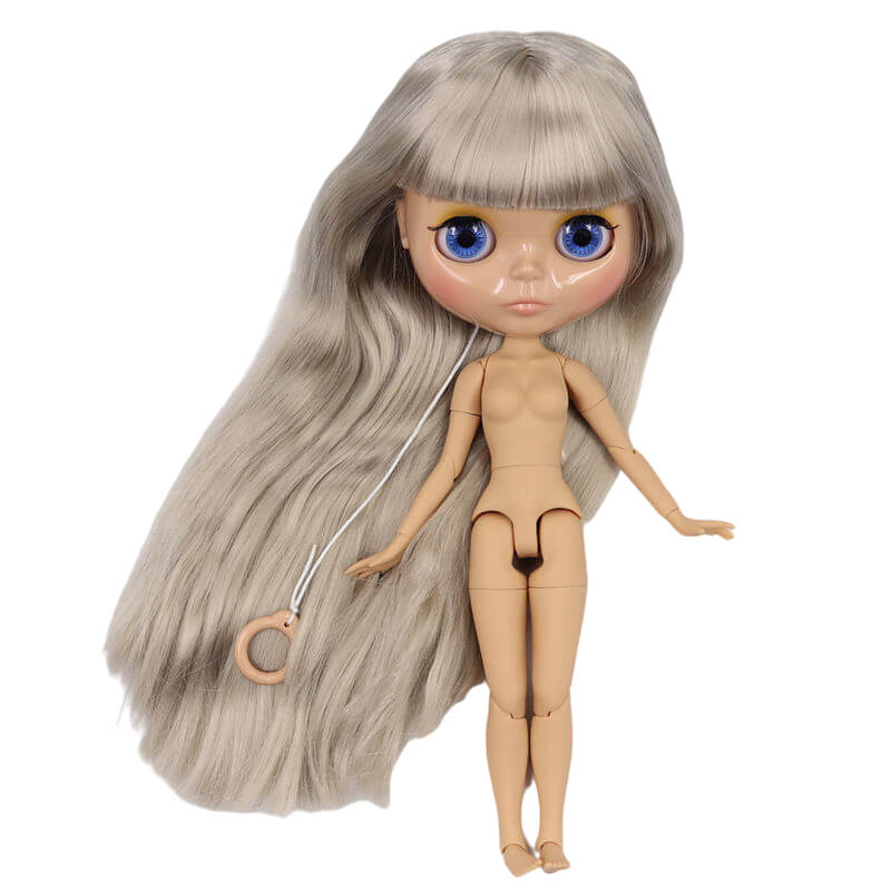 Neo Blythe Doll with Grey Hair, Tan Skin, Shiny Face & Jointed Body Grey Hair Factory Blythe Doll Shiny Face Factory Blythe Doll Tan Skin Factory Blythe Doll