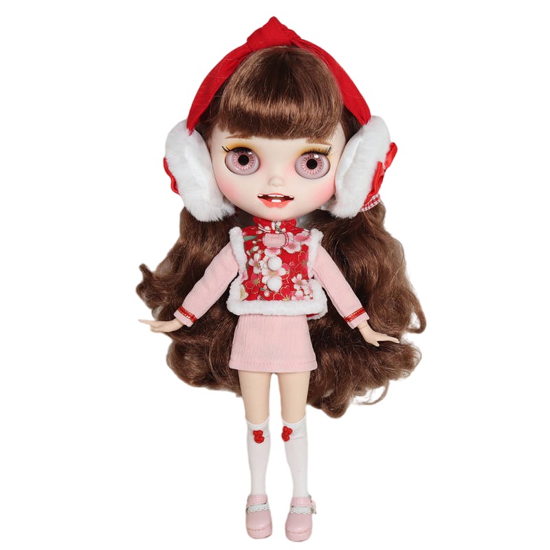 Neo Blythe Doll Pink Christmas Dress With Earmuffs Blythe doll clothes