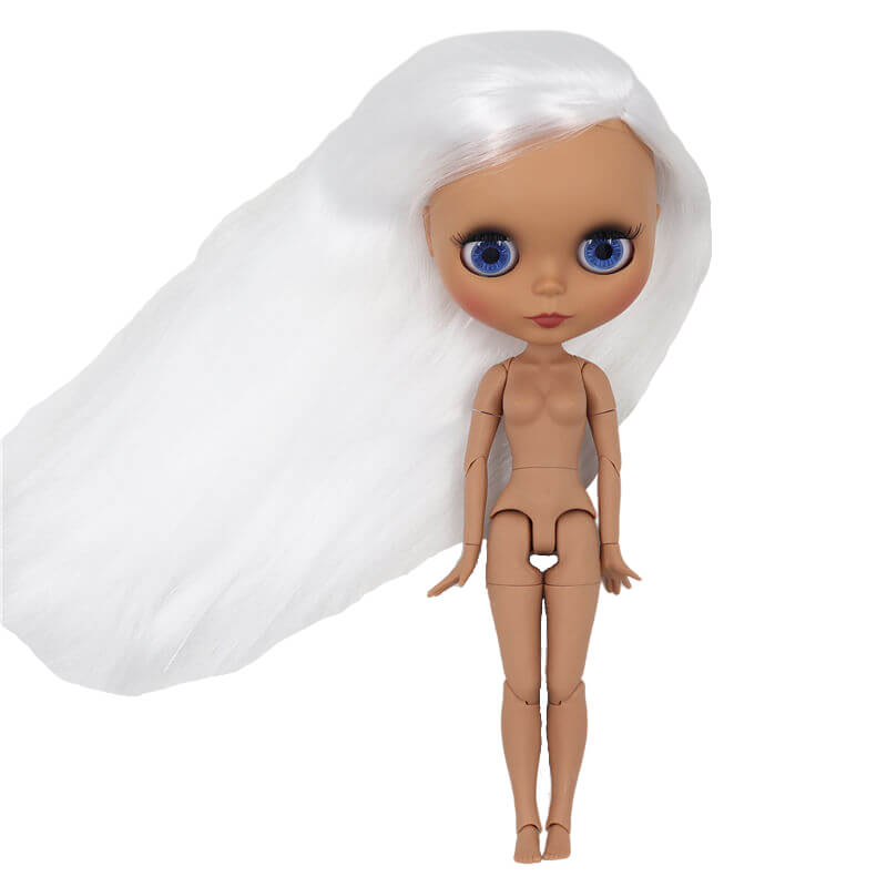 Neo Blythe Doll with White Hair, Dark Skin, Matte Face & Jointed Body Dark Skin Factory Blythe Doll Matte Face Factory Blythe Doll White Hair Factory Blythe Doll