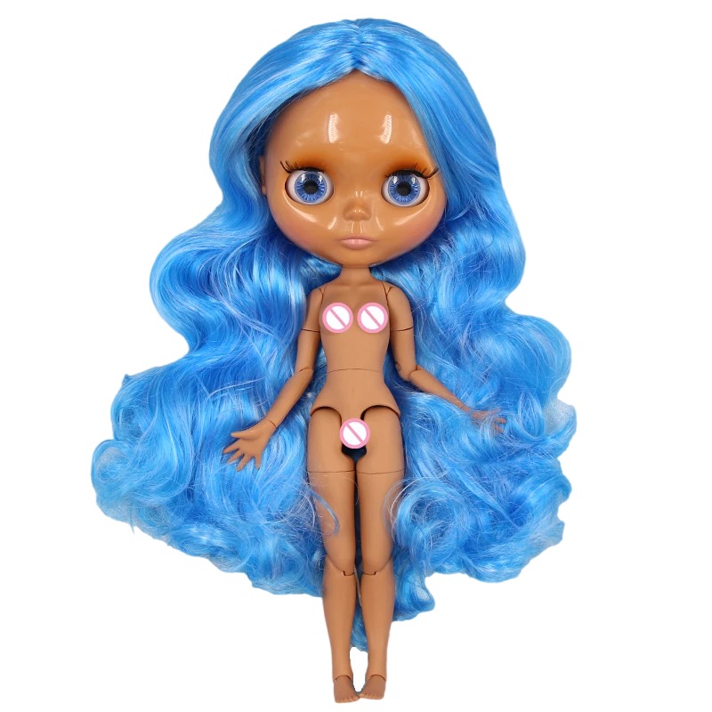 Neo Blythe Doll with Blue Hair, Dark Skin, Shiny Cute Face & Custom Jointed Body Blue hair Cute face Dark skin Shiny face