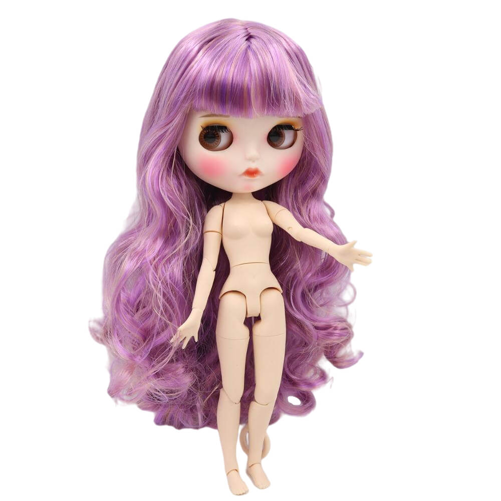 Neo Blythe Doll with Purple Hair, White Skin, Matte Face & Jointed Body Matte Face Factory Blythe Doll Purple Hair Factory Blythe Doll White Skin Factory Blythe Doll