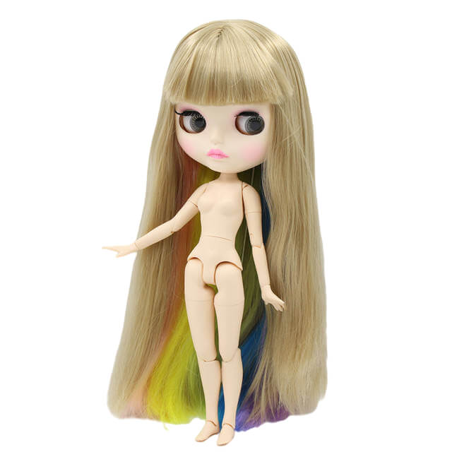 Neo Blythe Doll with Rainbow Hair, White Skin, Matte Face & Jointed Body Multi-Color Hair Factory Blythe Doll Matte Face Factory Blythe Doll White Skin Factory Blythe Doll