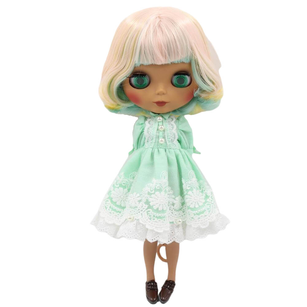 Sameera – Premium Custom Blythe Doll with Cute Face Dark Skin Custom Blythe Doll Matte Face Custom Blythe Doll Multi-Color Hair Custom Blythe Doll