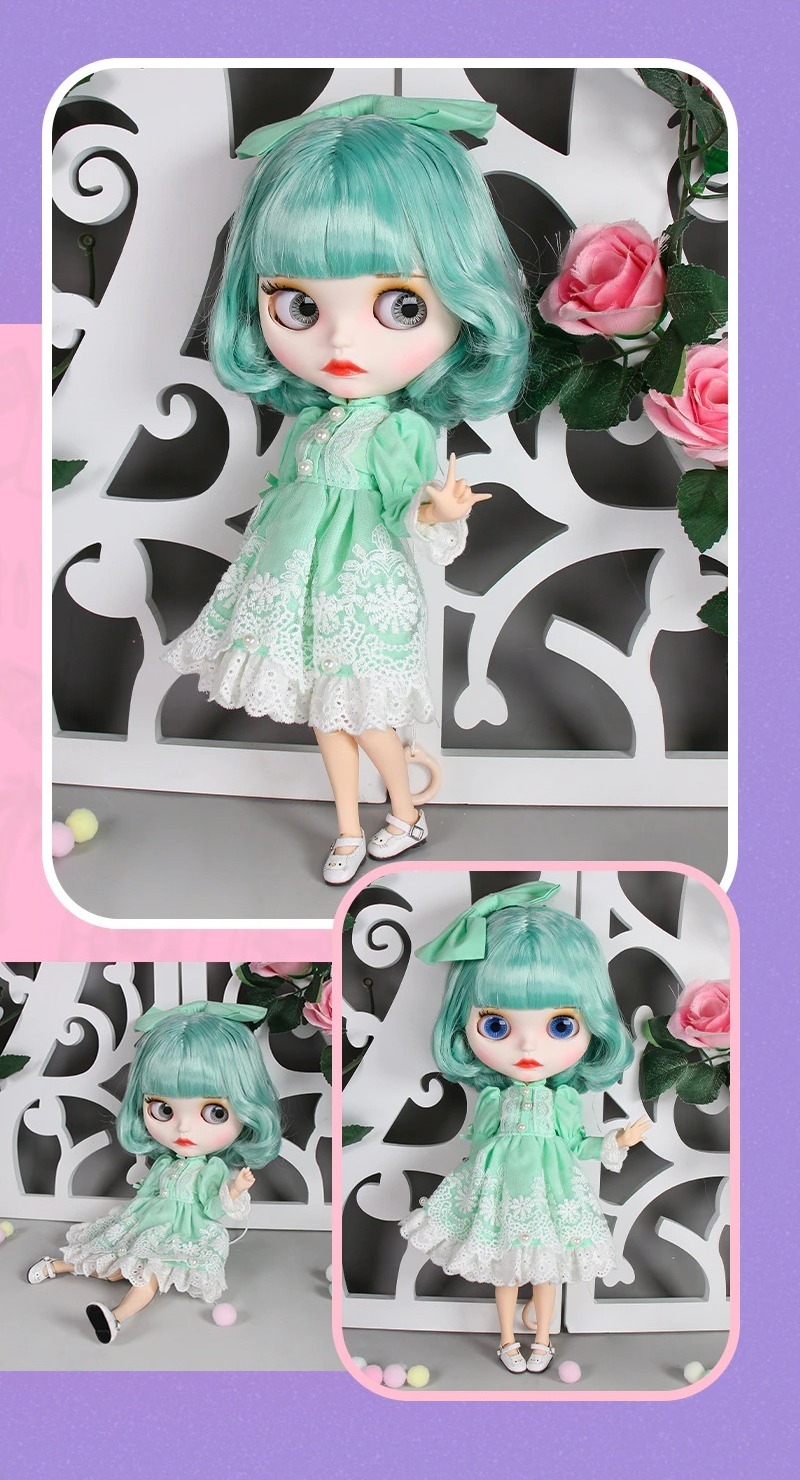 Rita - Premium Custom Neo Blythe Boneca com cabelo verde, pele branca e rosto fofo fosco 1