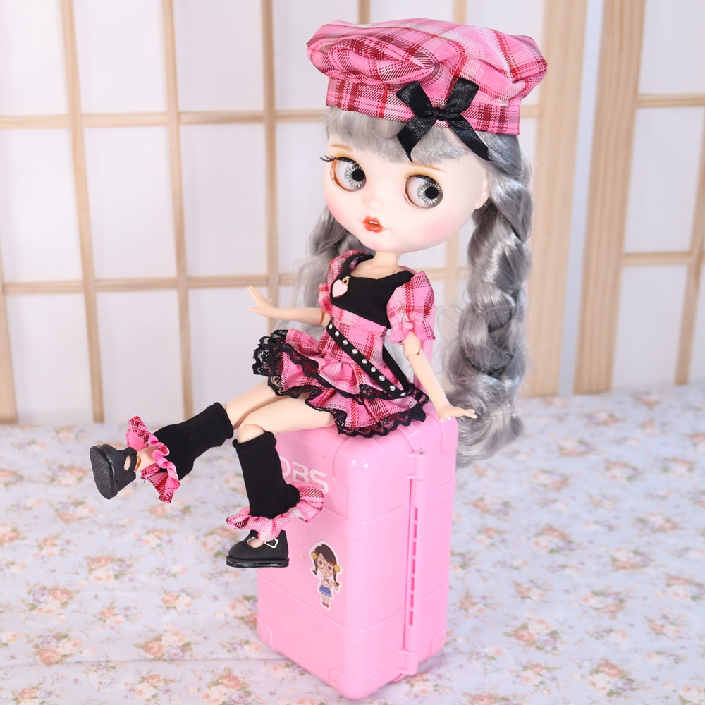 Neo Blythe Doll Black Hot Pink Goth Skirt Dress with Knee Socks Neo Blythe Doll Clothes