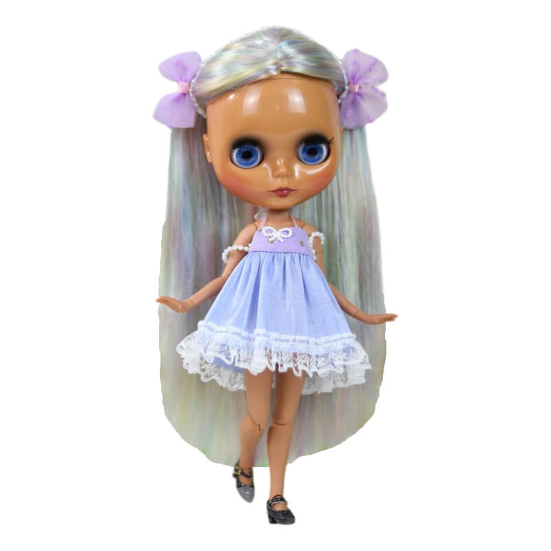 Della – Premium Custom Neo Blythe Doll with Multi-Color Hair, Dark Skin & Shiny Cute Face Cute face Dark skin Multi-color hair Shiny face