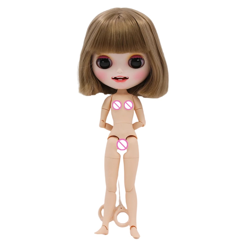 Neo Blythe Doll with Brown Hair, White Skin, Matte Smiling Face & Custom Jointed Body Brown hair Matte face Smiling face White skin