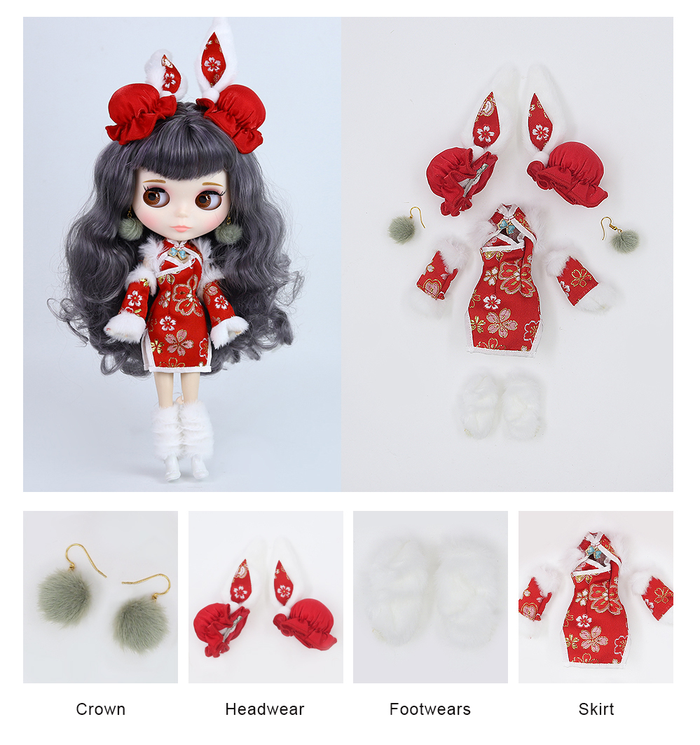 Neo Blythe Doll Chinese Traditional Dress with Earrings, Headdress & Footwears 3
