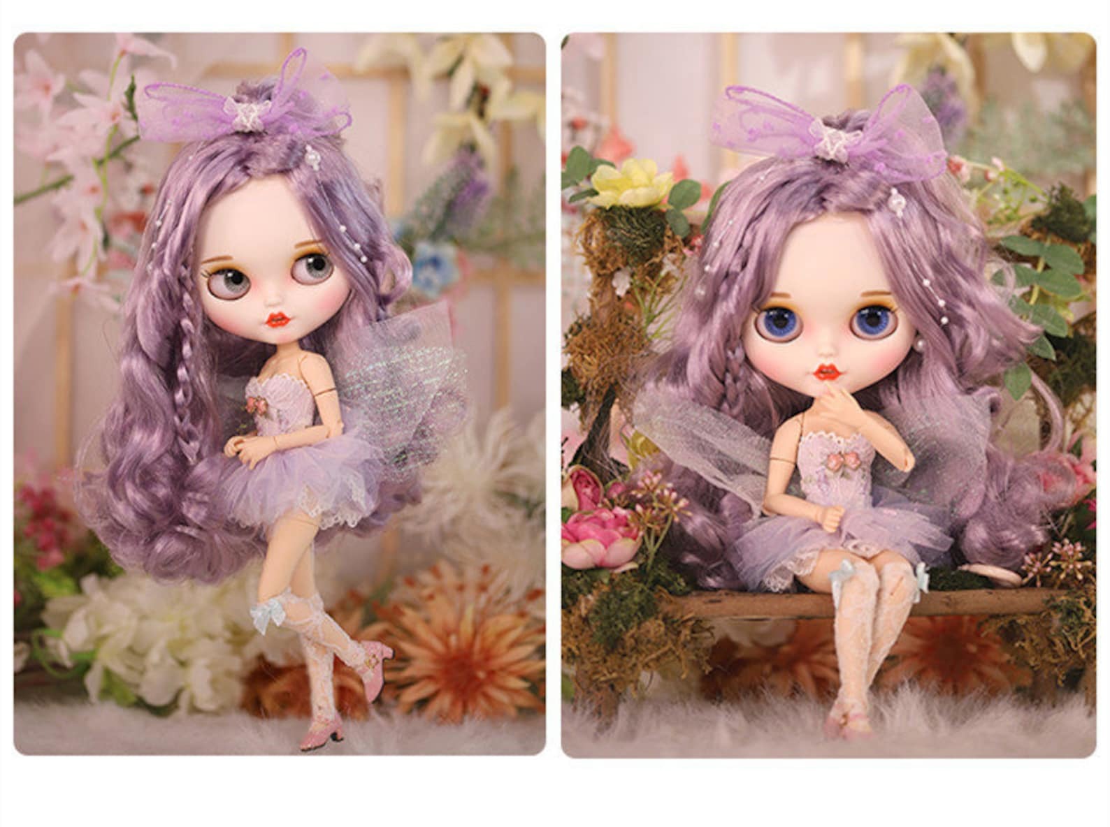Fee Elfie – Premium Custom Neo Blythe Pop met paars haar, witte huid en mat lachend gezicht