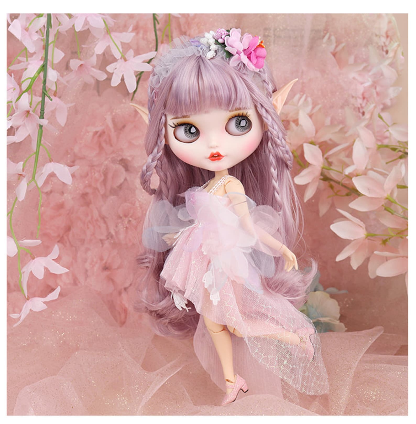 Fairy Elfie – Premium Custom Neo Blythe Doll with Purple Hair, White Skin & Matte Smiling Face