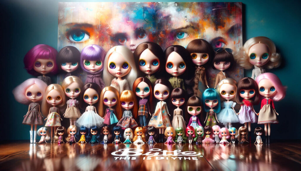 A beautifully arranged collection of Blythe dolls, showcasing their unique oversized heads, colorful and changeable eyes, and diverse styles. The doll