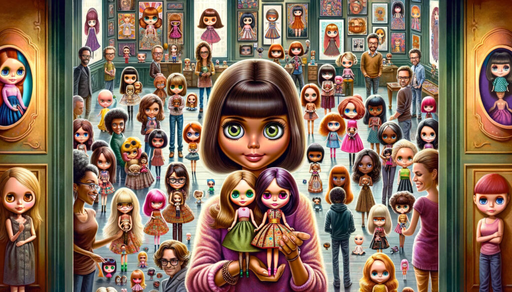 A detailed and vibrant image showcasing a diverse group of people of various ethnicities, each holding an accurately depicted Blythe doll, known for t